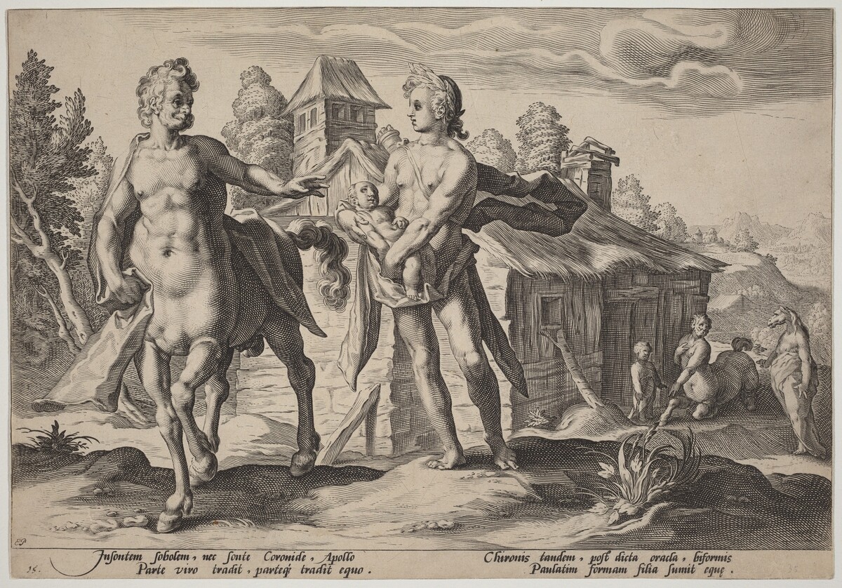 Apollo Entrusting Chiron with the Education of Asclepius by Workshop of Hendrick Goltzius, after Hendrick Goltzius