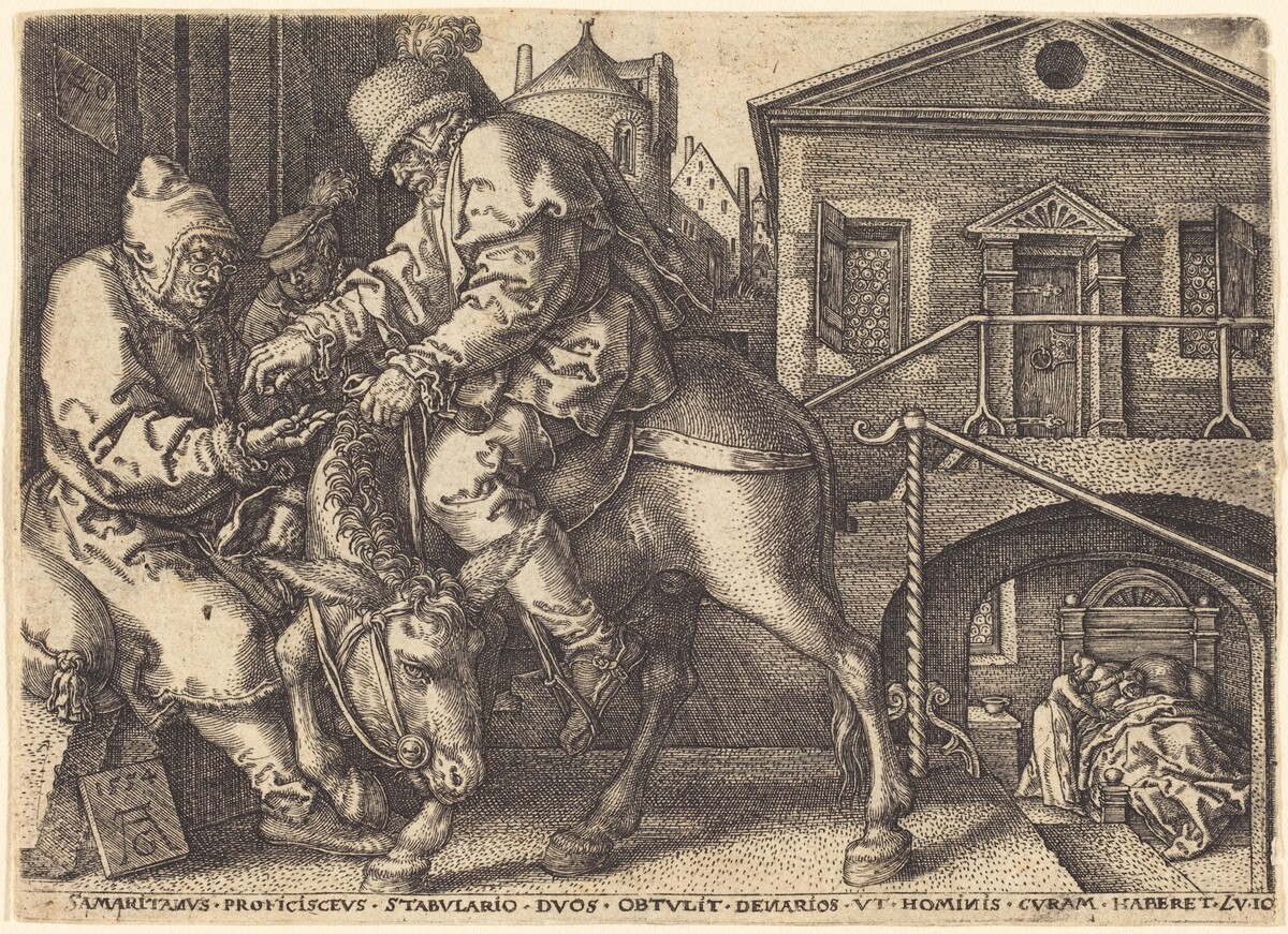 The Good Samaritan Paying for the Lodgings  of the Traveler by Heinrich Aldegrever