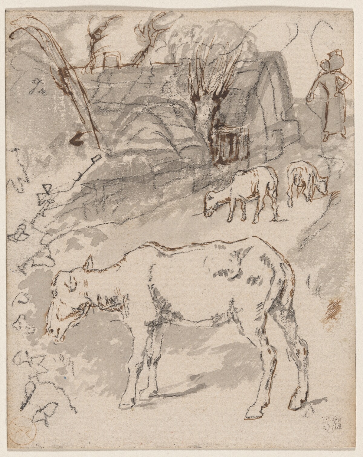 Three Sheep by a Cottage (recto)/Sketches of Cows (verso) by Félix-Hilaire Buhot