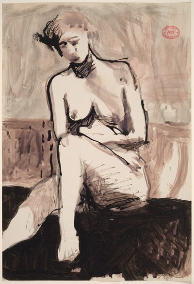 Untitled [seated female nude arranging her left foot]