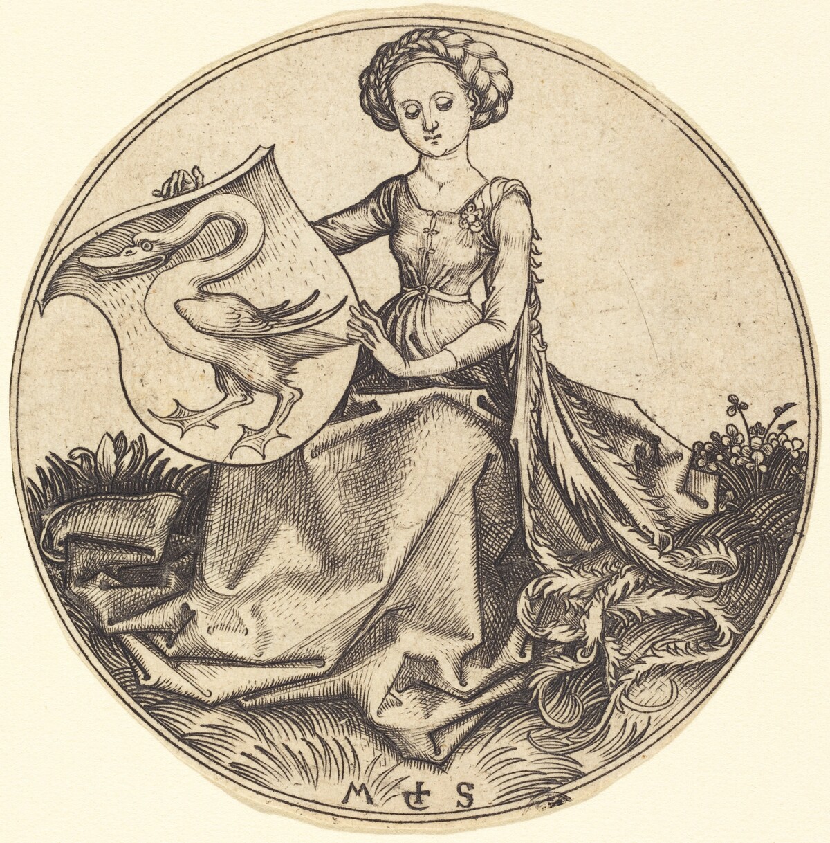 Shield with Swan, Held by Woman by Martin Schongauer