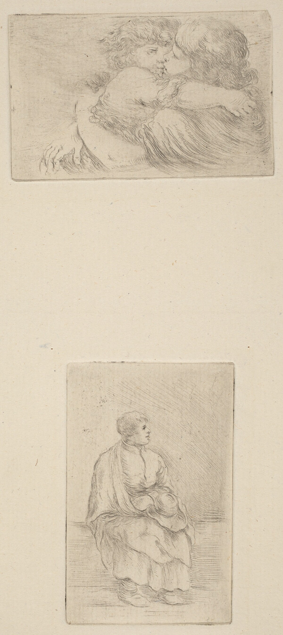 Two Children Embracing [upper half]; Seated Ecclesiast [lower half] by Stefano Della Bella