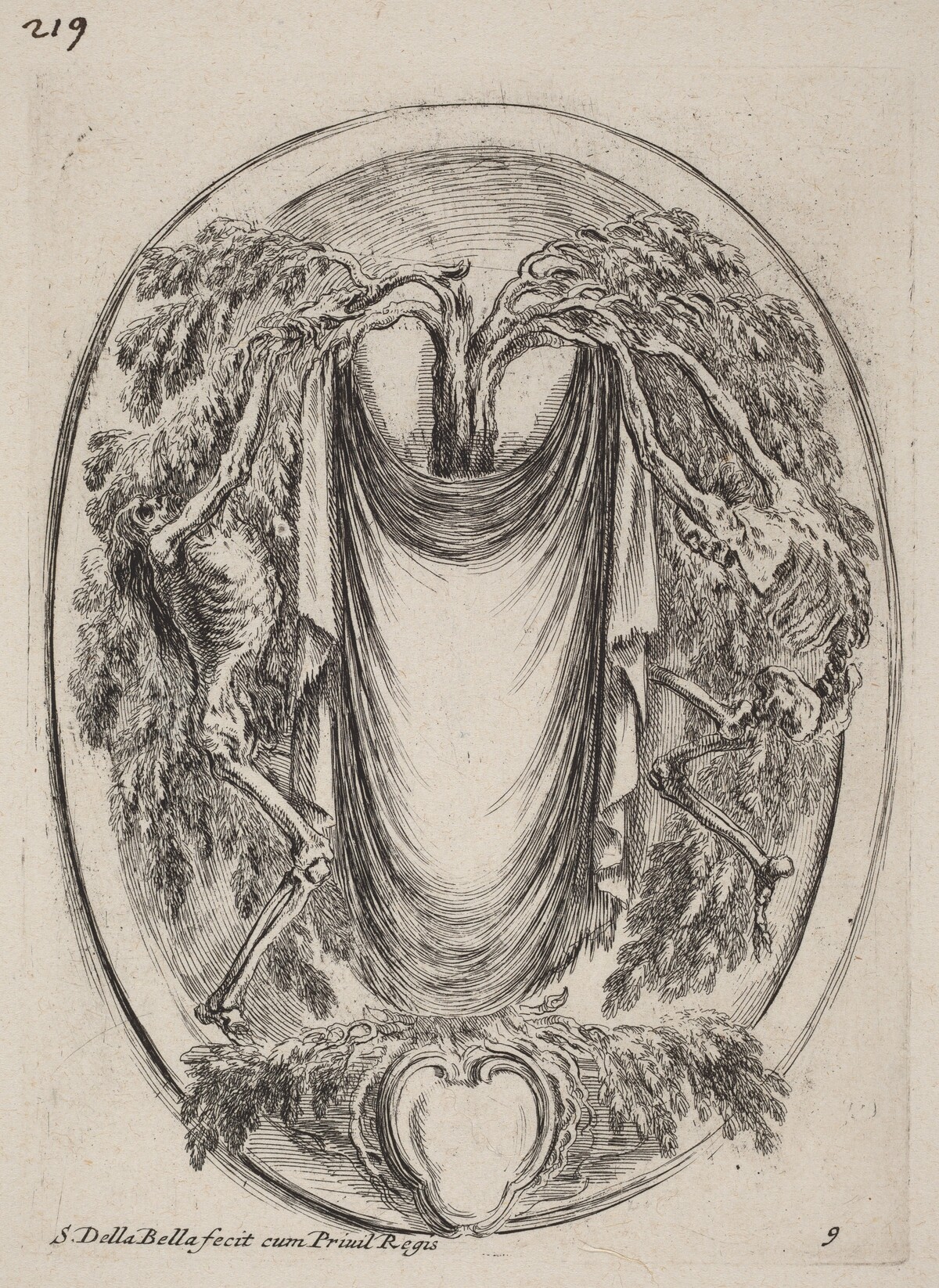 Cartouche in the Form of a Drape Suspended from a Cypress Flanked by Skeletons by Stefano Della Bella