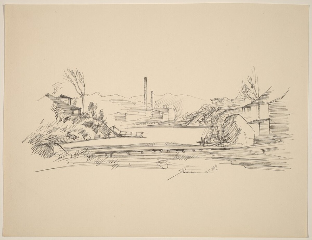 River, Smoke Stacks, and Houses by Donald Carlisle Greason