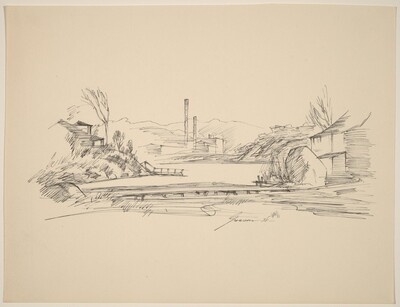 River, Smoke Stacks, and Houses