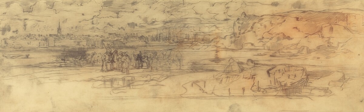 Estuary with a Fortified Seaport at Left and Cliffs at Right by Félix-Hilaire Buhot