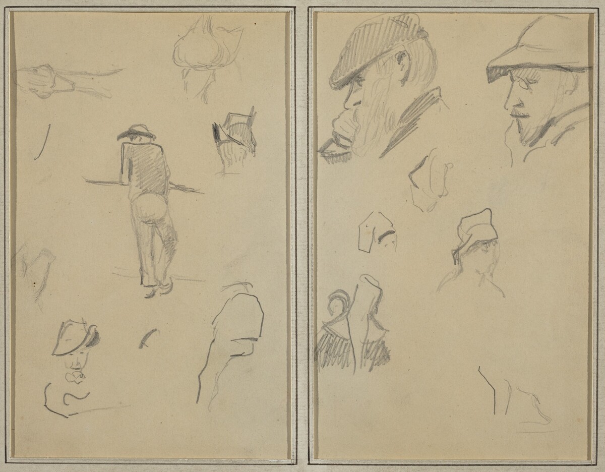 A Man Leaning on a Wall with Five Other Studies; Two Bearded Men Wearing Hats, and Five Other Studies [recto] by Paul Gauguin