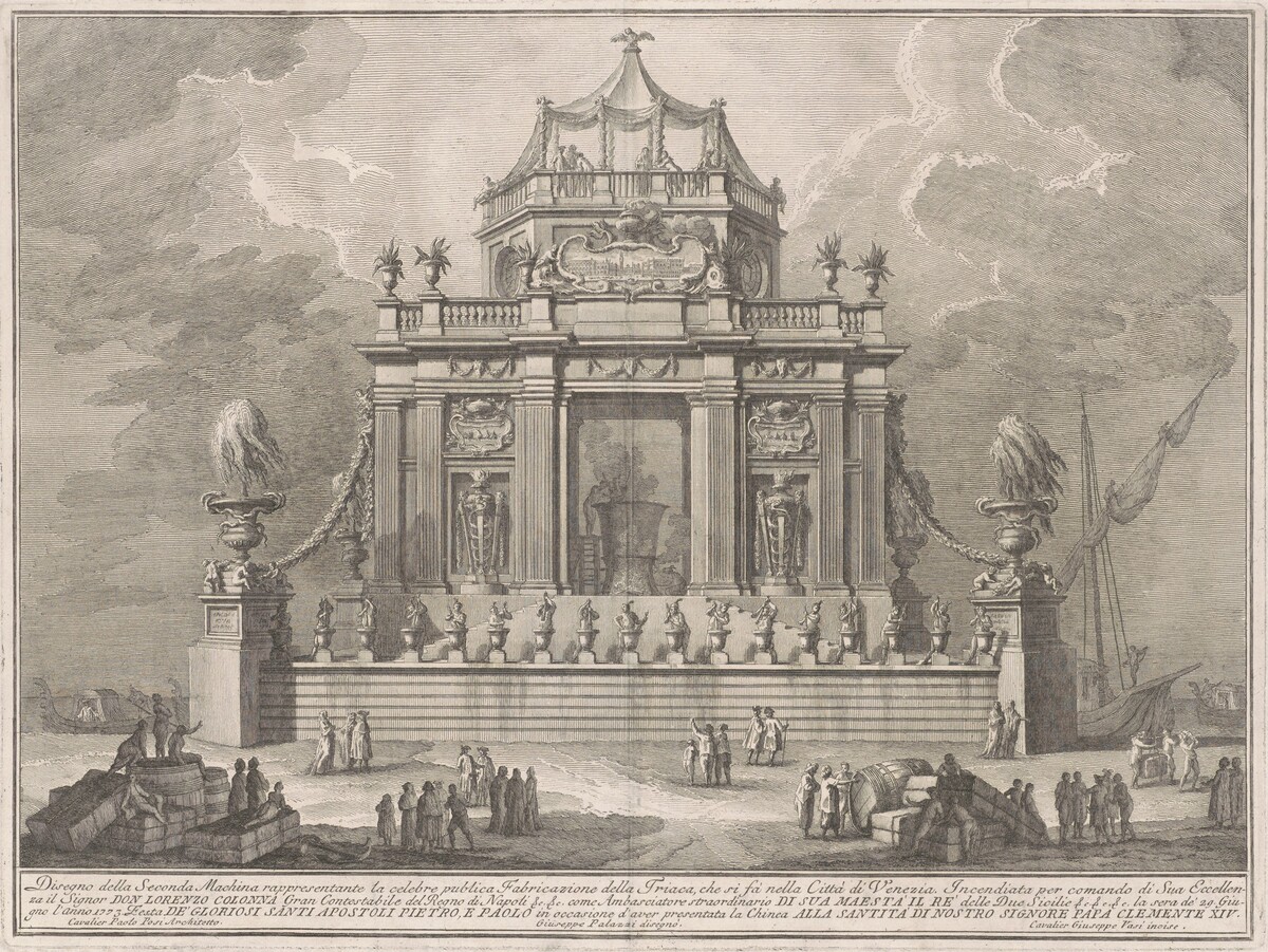 The Seconda Macchina for the Chinea of 1773: The Preparation of Theriac in Venice by Giuseppe Vasi, after Giuseppe Palazzi, after Paolo Posi