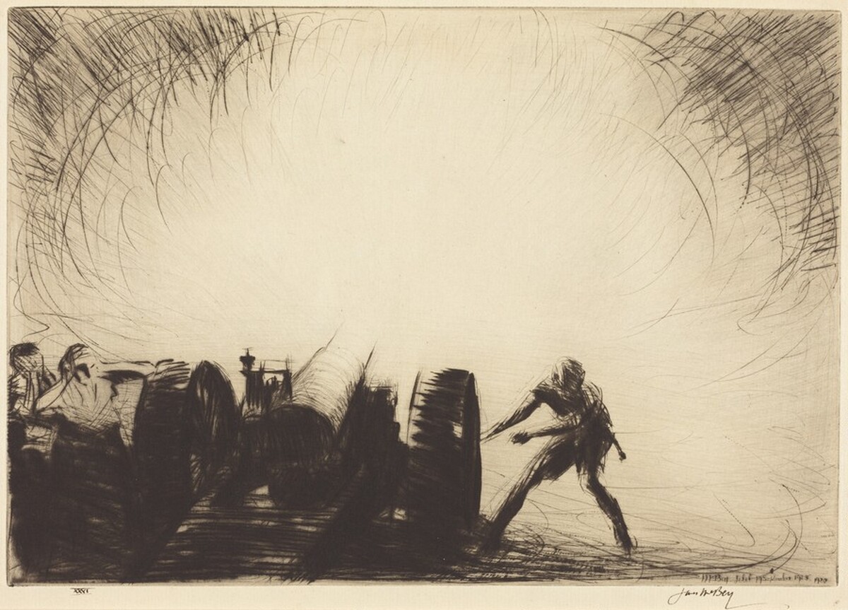 Zero - A Sixty-five Pounder Opening Fire by James McBey