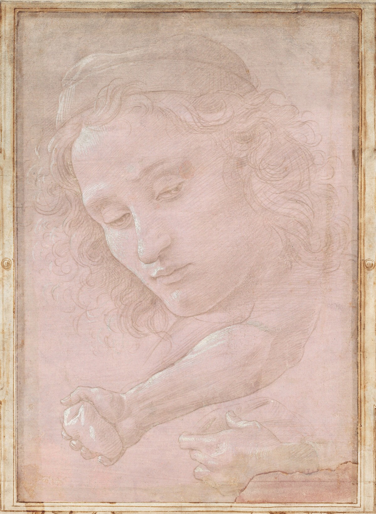 Head of a Youth Wearing a Cap; a Right Forearm with the Hand Clutching a Stone; and a Left Hand Holding a Drapery by Sandro Botticelli
