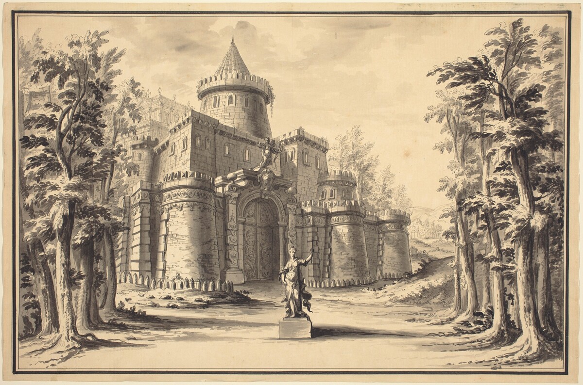 A Stage Set with a Statue and a Palace by Daniel Marot the Younger