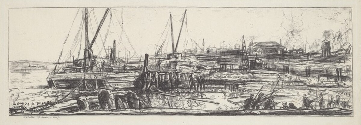 Untitled (Depicting Dock and Barges) by George A. Picken