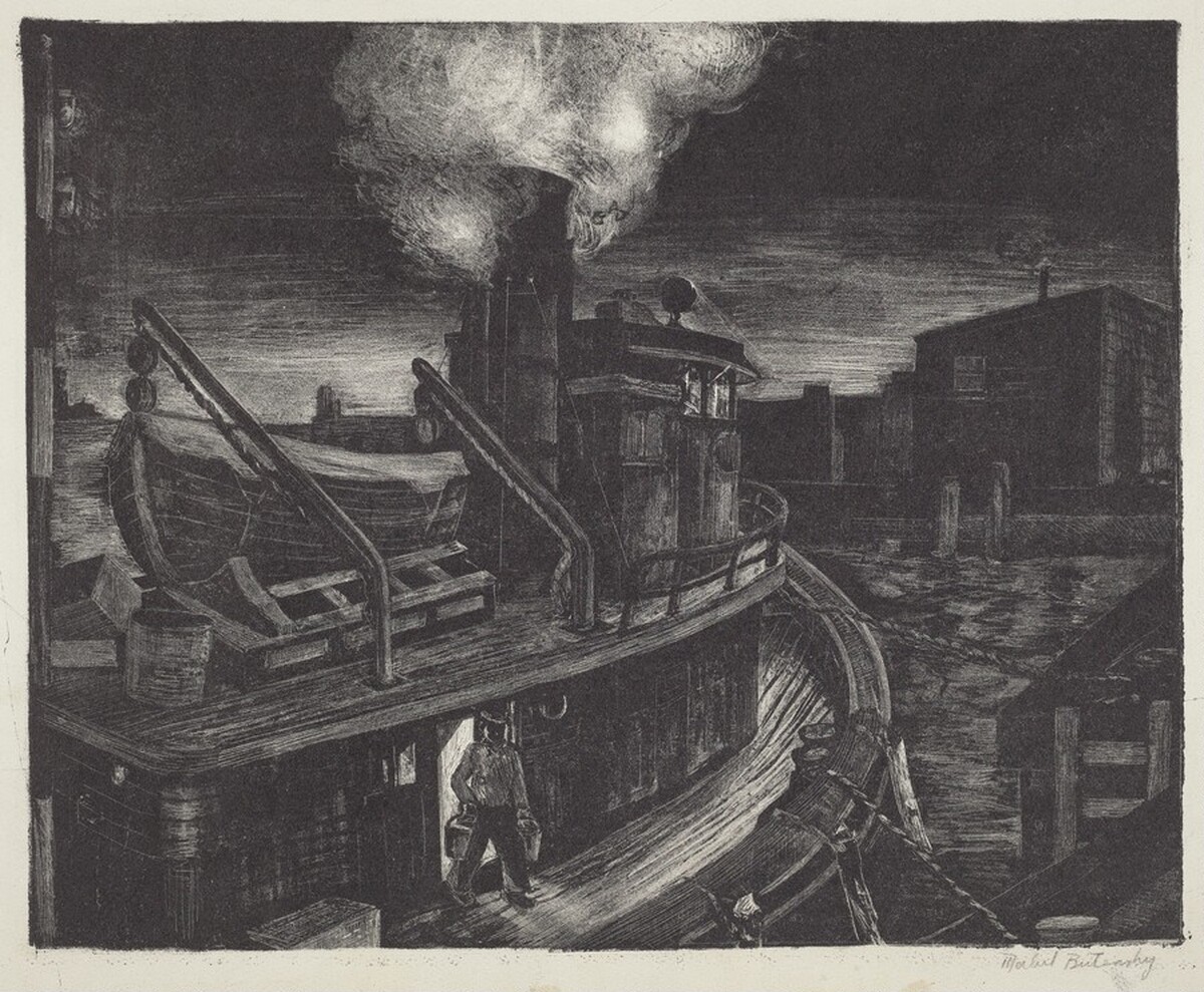 Untitled (Tugboat Tied-up to a Dock at Night) by Mabel Butensky