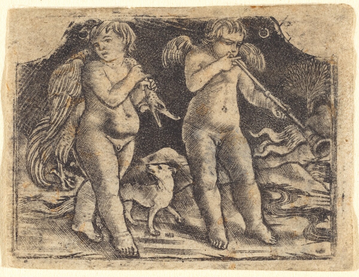 Cupid carrying a fowl accompanied by a dog, and another cupid playing a trumpet by Maso Finiguerra