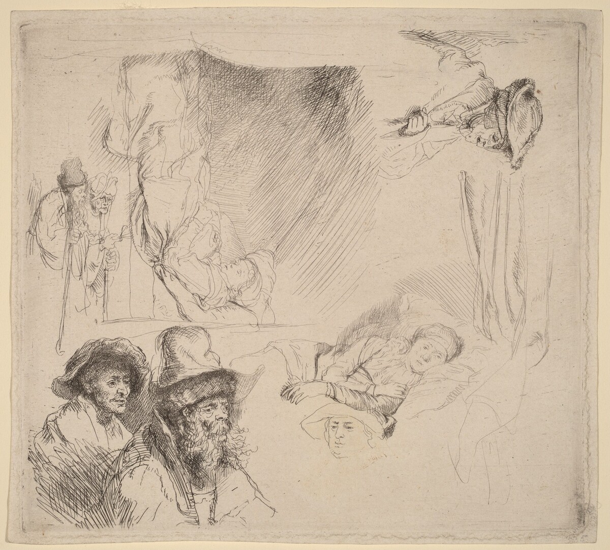 Sheet of Studies including a Woman Lying Ill in Bed by Rembrandt van Rijn