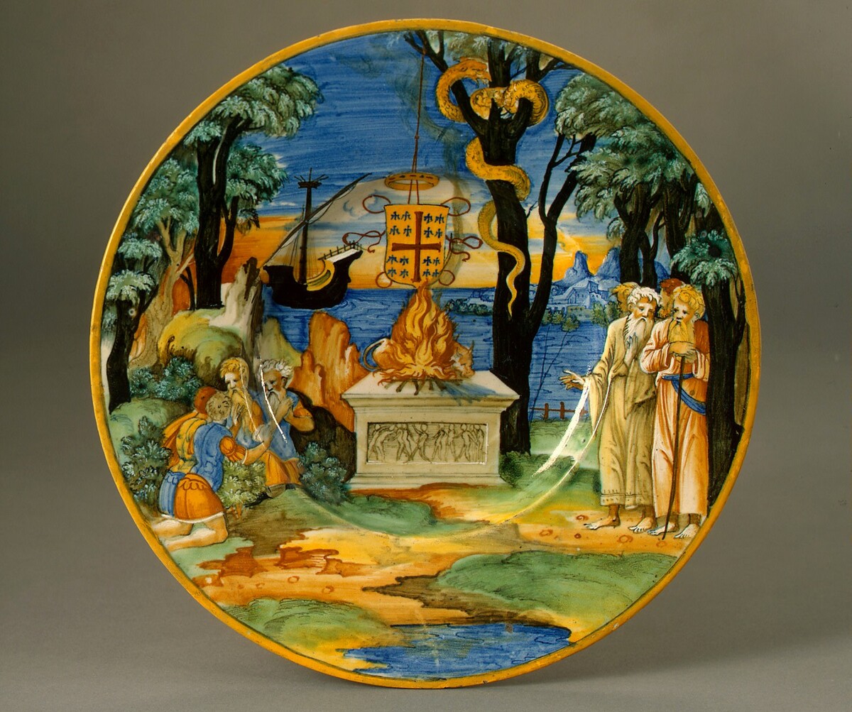 Broad-rimmed bowl with the sacrifice of the Greeks at Aulis and the omen of the serpent devouring nine birds, interpreted by the priest Calchas; arms of Anne de Montmorency by Workshop of Guido Durantino of Urbino