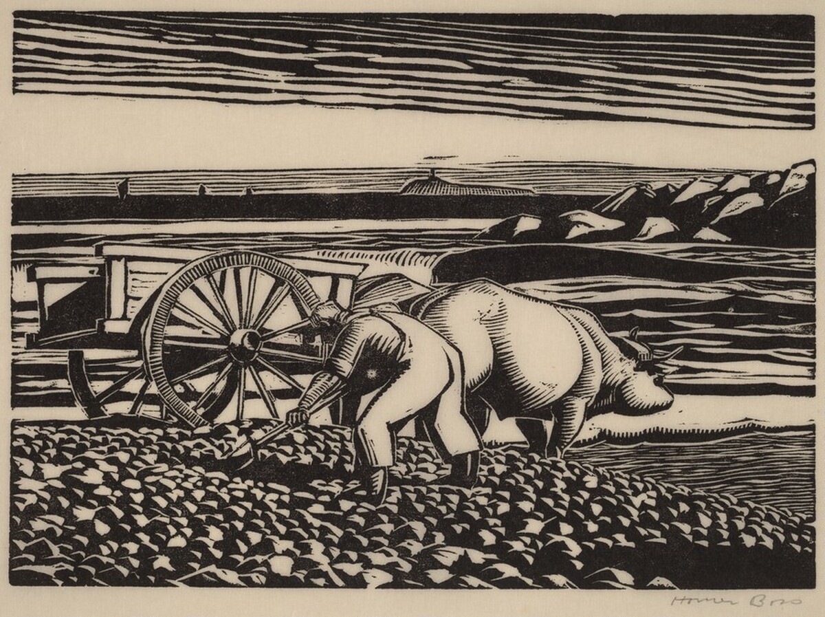 Untitled (Man Gathering Rock From Seashore, With Ox-Cart) by Homer Boss