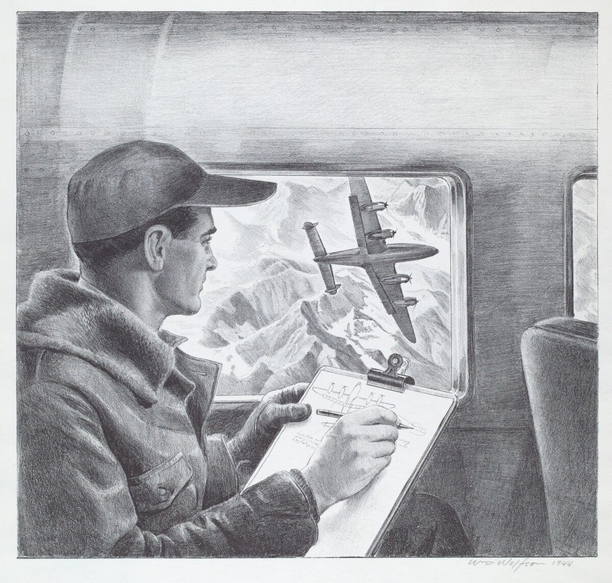 Untitled (Engineer Making Notes on Plans as he Watches Bomber Maneuvering Over Mountains) by William Wolfson