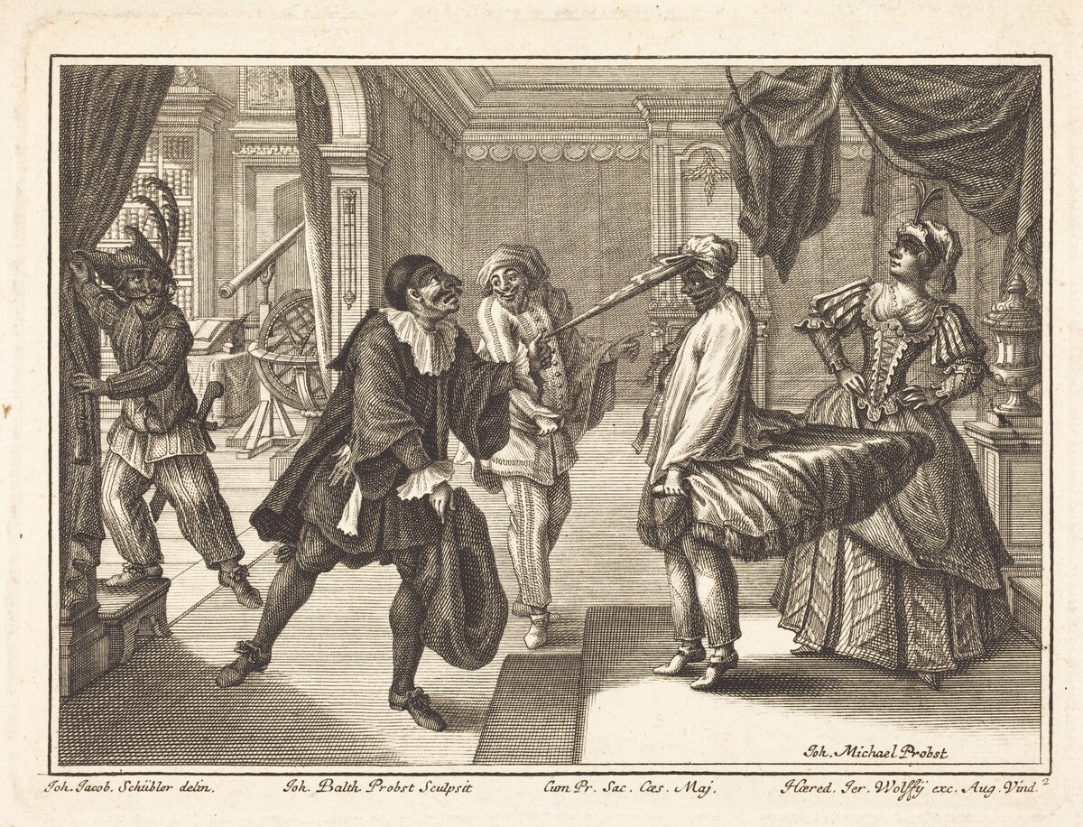 Harlequin at Dr. Polovard's House by Johann Balthasar Probst after Johann Jacob Schübler