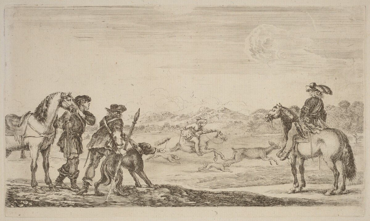 Small Deer Chased by a Cavalier by Stefano Della Bella