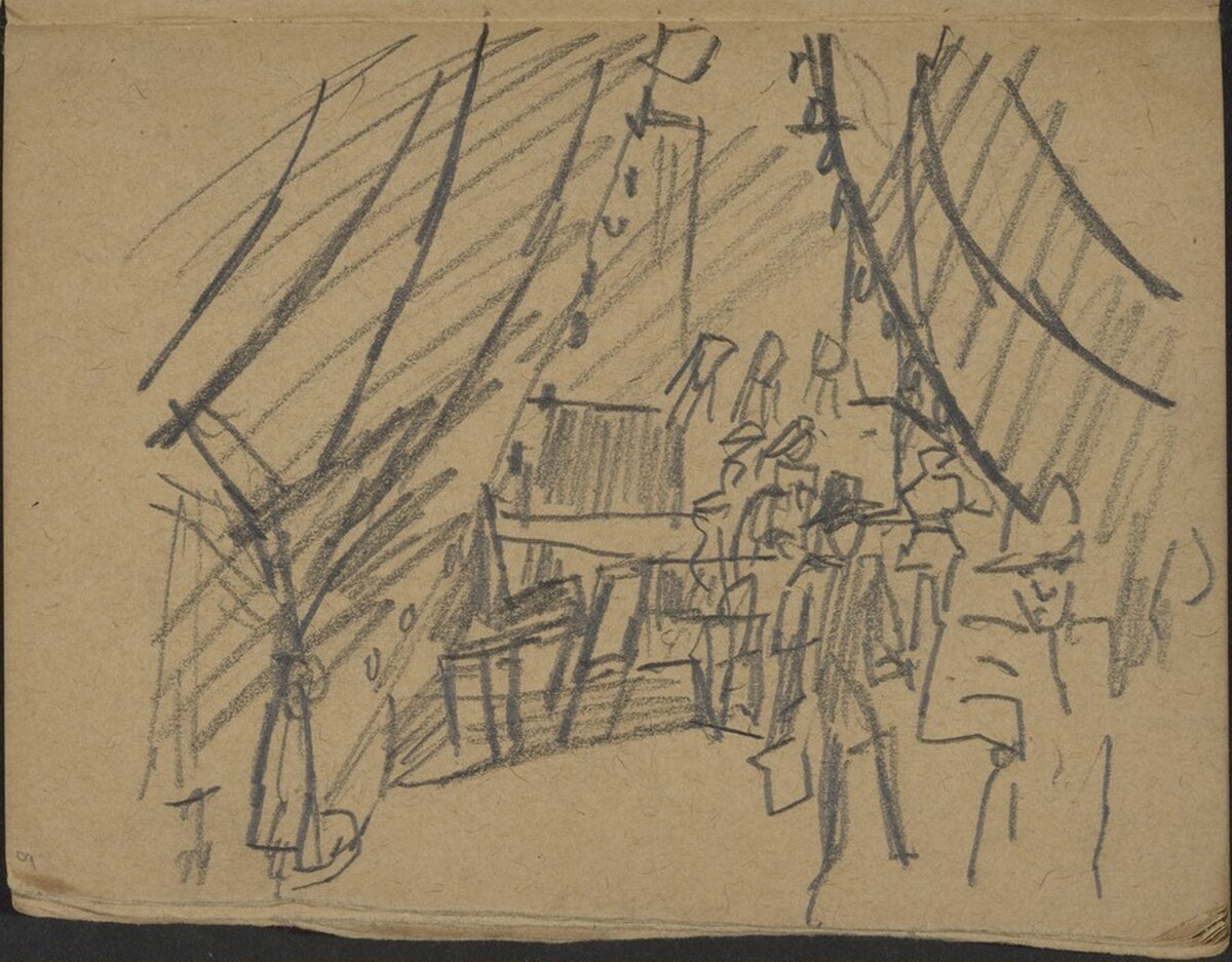 Blick in ein Interieur durch einen Vorhang (Curtains Drawn) [p. 5] by Max Beckmann