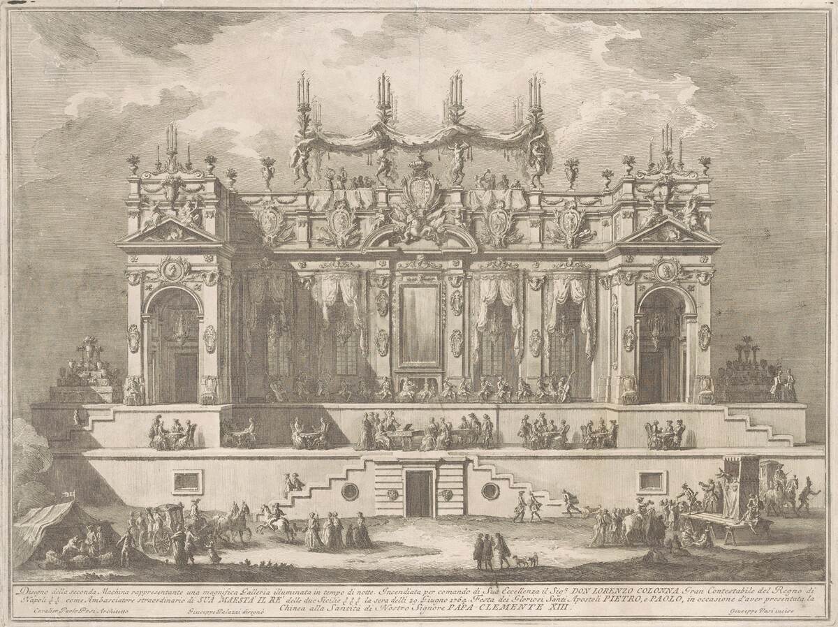 The Seconda Macchina for the Chinea of 1764: A  Magnificent Gallery Illuminated at Night by Giuseppe Vasi, after Giuseppe Palazzi, after Paolo Posi