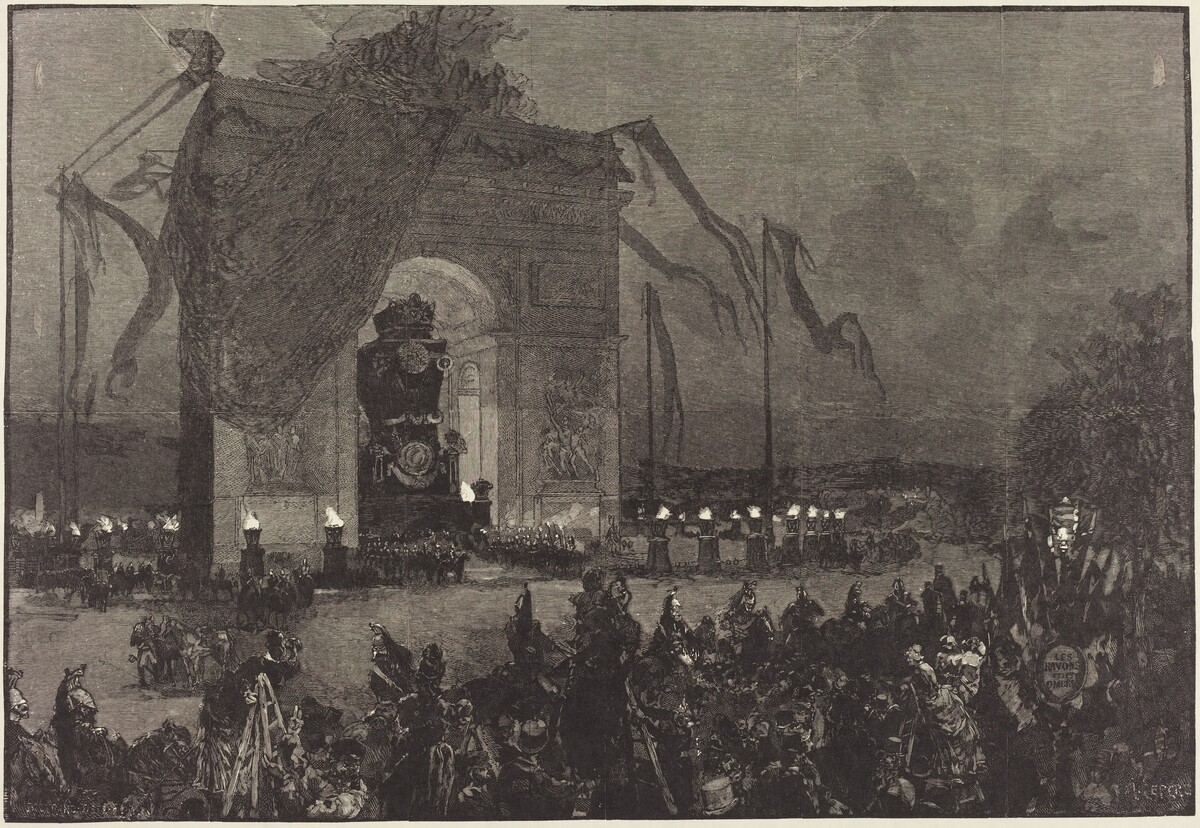 Funérailles de Victor Hugo.  La Veillée by Auguste Lepère after Henri Louis Scott