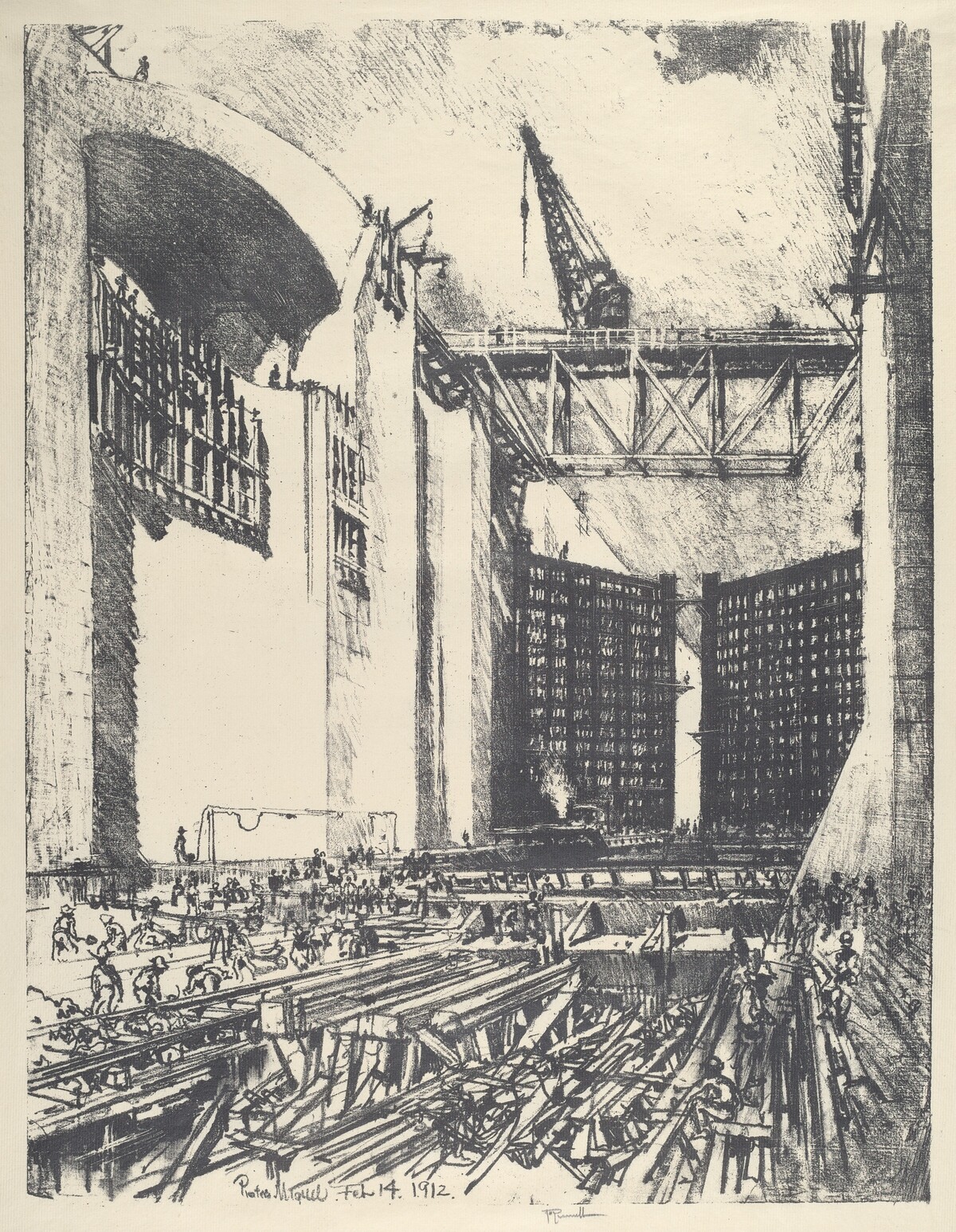 Laying the Floor of Pedro Muguel Lock by Joseph Pennell