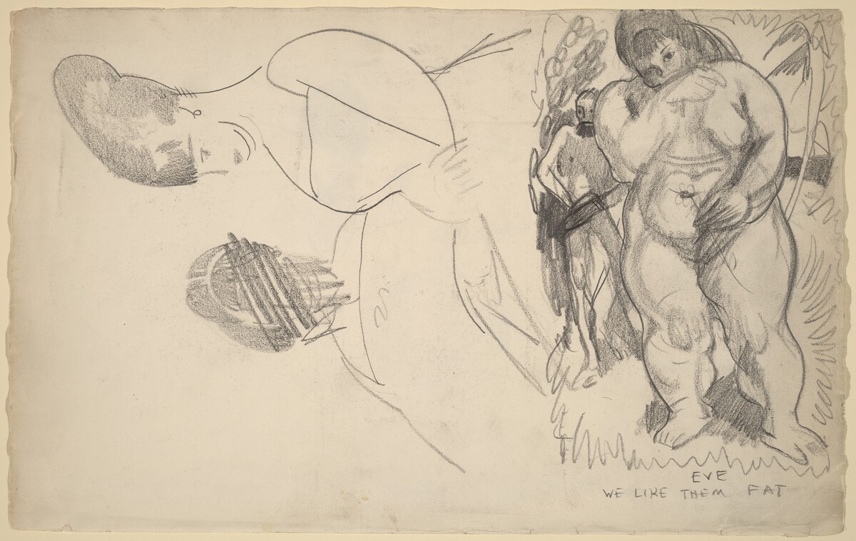 Caricature of Adam and Eve and Two Female Portrait Sketches by George Bellows