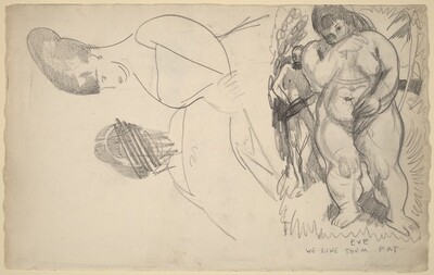 Caricature of Adam and Eve and Two Female Portrait Sketches