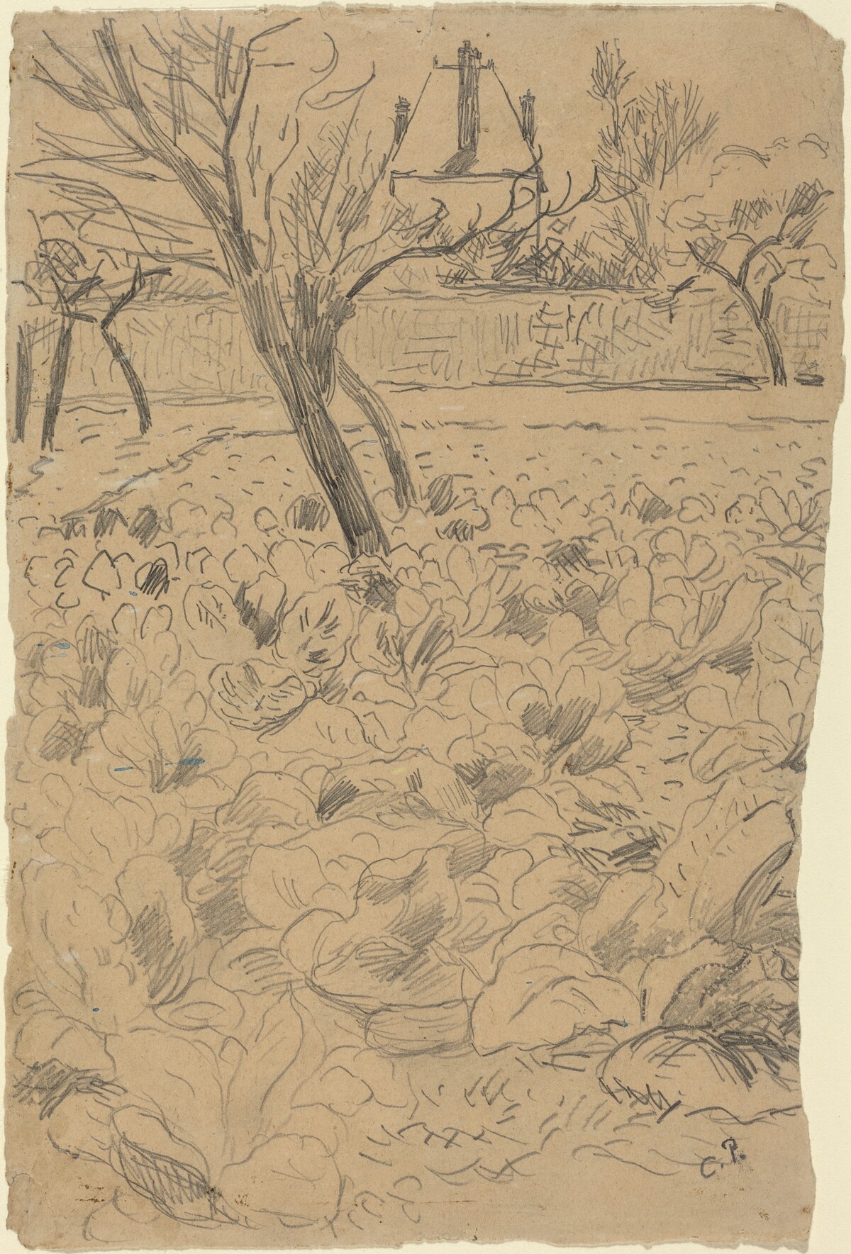 a) The Cabbage Field (Le Champ de choux); b) The Cabbage Field (Le Champ de choux) by Camille Pissarro