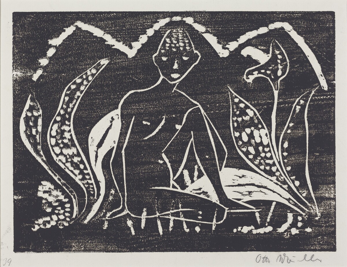Nude Figure of a Boy in a Landscape (Knabe zwischen Blattpflanzen) by Otto Mueller