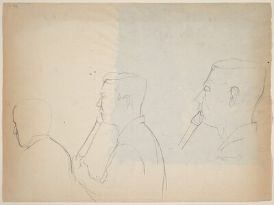 Untitled [three studies: head of a man playing a wind instrument] [verso]