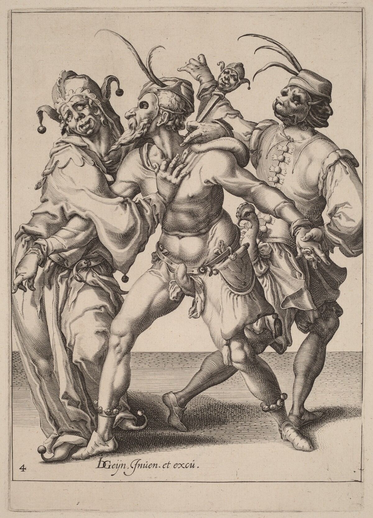 Three Dancing Mummers, Including a Jester by Attributed to Zacharias Dolendo after Jacques de Gheyn II