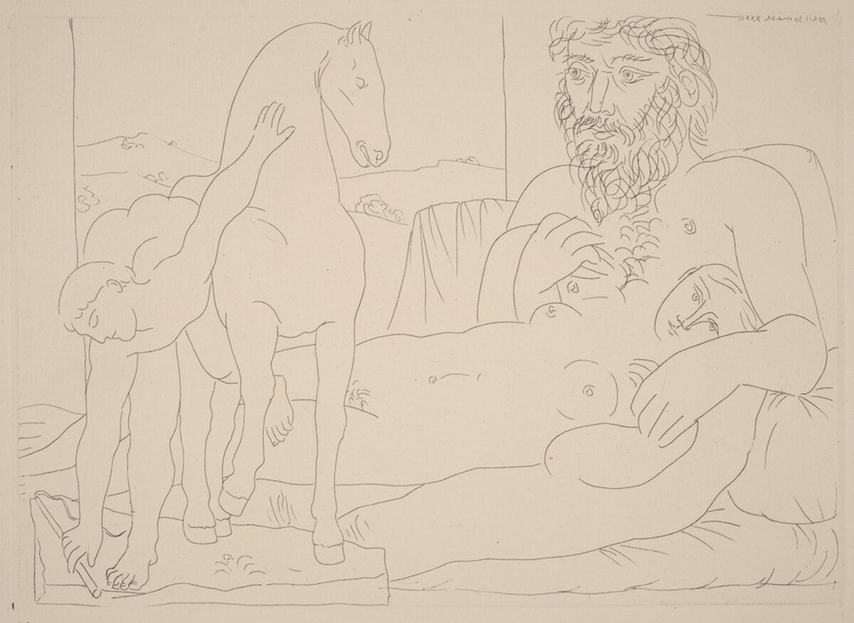 Sculptor and His Model with a Sculpture Group of a Horse and Groomer (Sculpteur et son modèle avec un groupe sculpté représentant un dresseur de chevaux) by Pablo Picasso