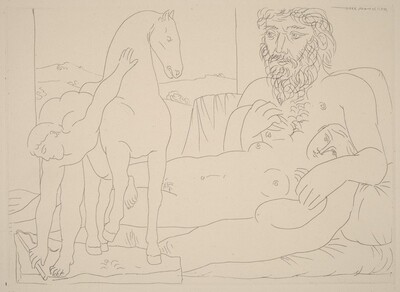 Sculptor and His Model with a Sculpture Group of a Horse and Groomer (Sculpteur et son modèle avec un groupe sculpté représentant un dresseur de chevaux)