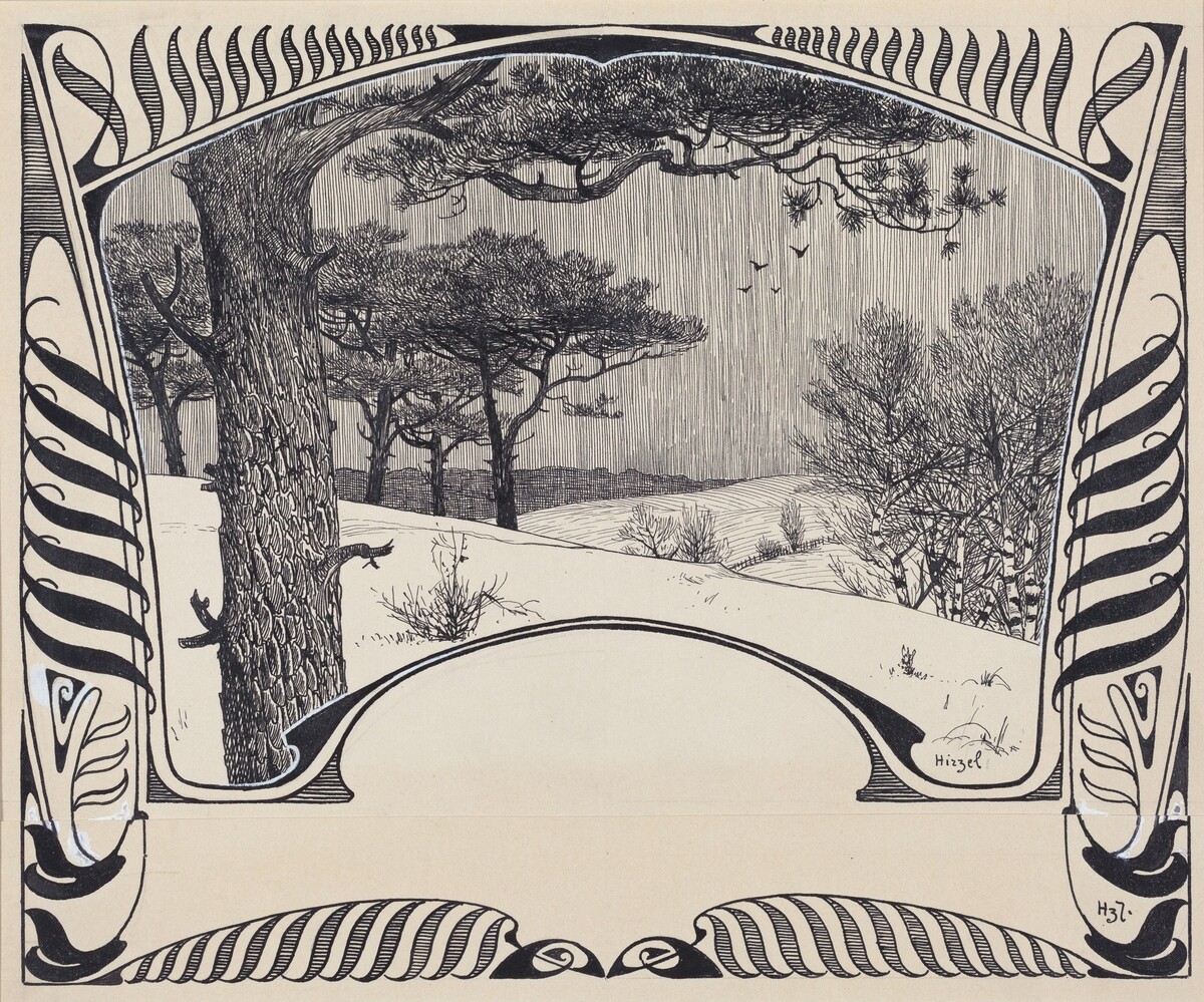A Winter Landscape Within a Jugendstil Border by Hermann Hirzel