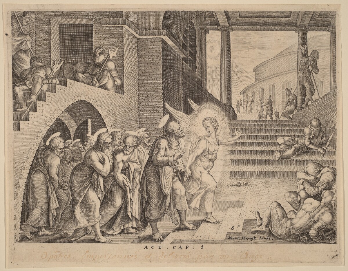 The Apostles Delivered from Prison by an Angel by Philip Galle after Maerten van Heemskerck