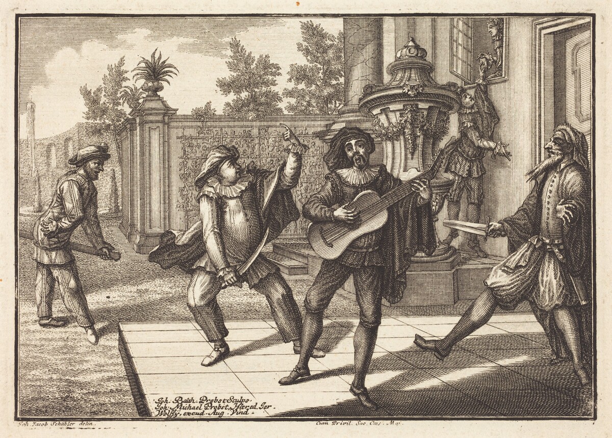 Scaramouche Distracts Pantalon by Johann Balthasar Probst after Johann Jacob Schübler