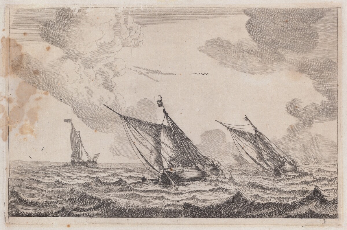 Three Sailing Vessels at Choppy Sea by Reinier Nooms, called Zeeman