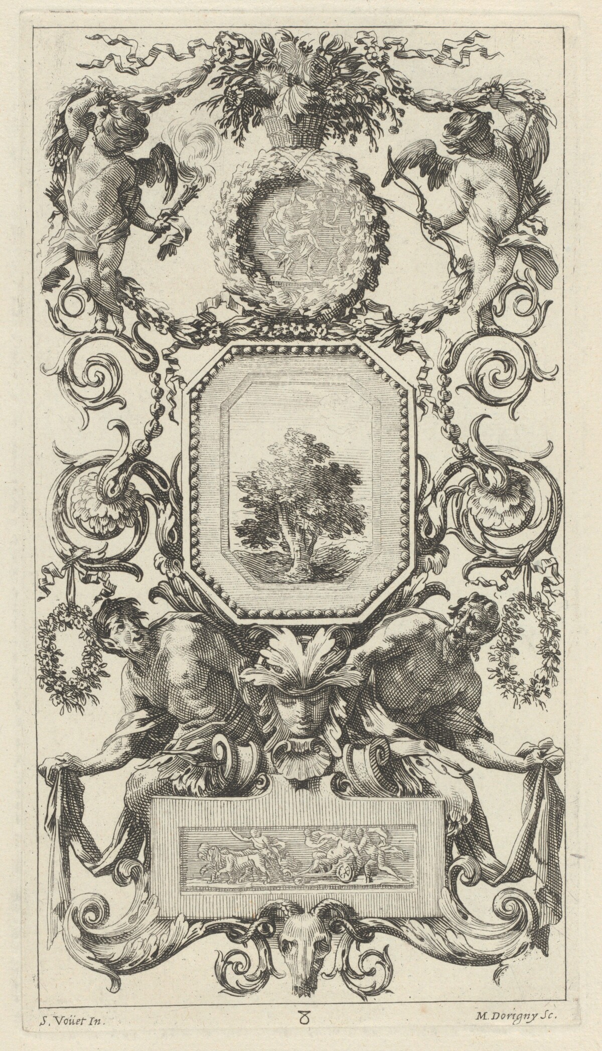 Ornamental Panel Surmounted by a Basket of Flowers with Cupid and Hymen by Michel Dorigny, after Simon Vouet
