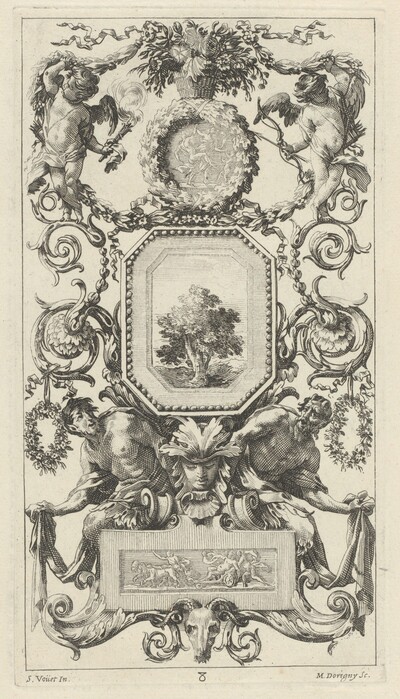 Ornamental Panel Surmounted by a Basket of Flowers with Cupid and Hymen