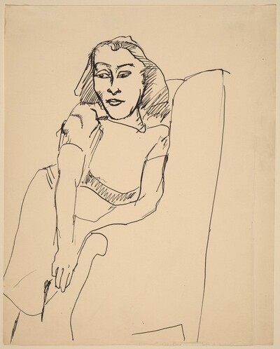 Woman Seated Sideways in Upholstered Chair