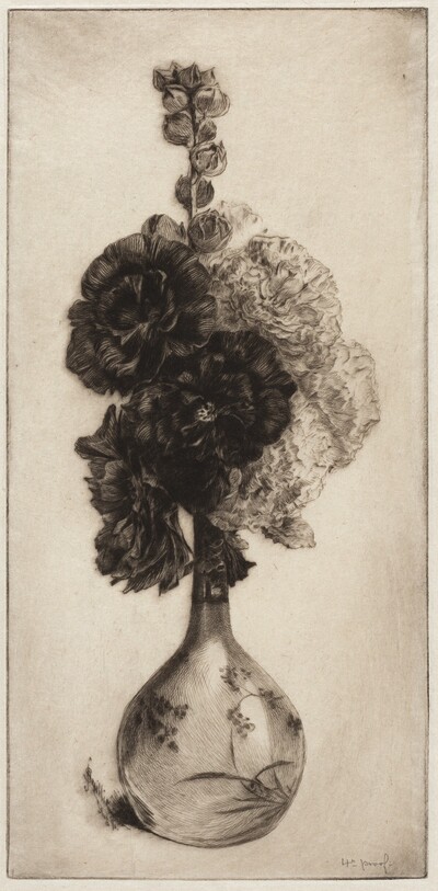 Hollyhocks in a Long-necked Vase