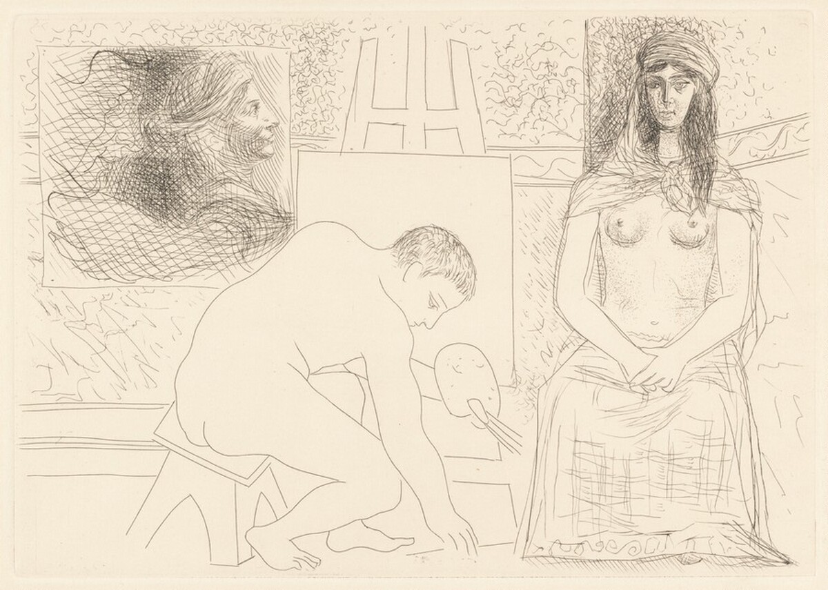 Peintre ramassant son pinceau, avec un modèle au turban (Painter Picking Up His Brush with a Model Wearing a Turban) by Pablo Picasso, Honoré de Balzac (author)