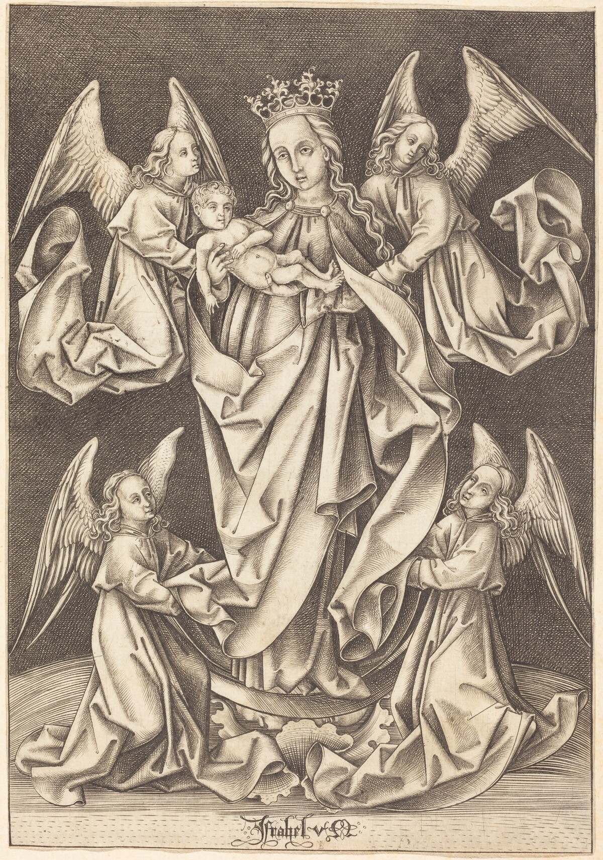 The Madonna and Child on the Crescent Supported by Four Angels by Israhel van Meckenem