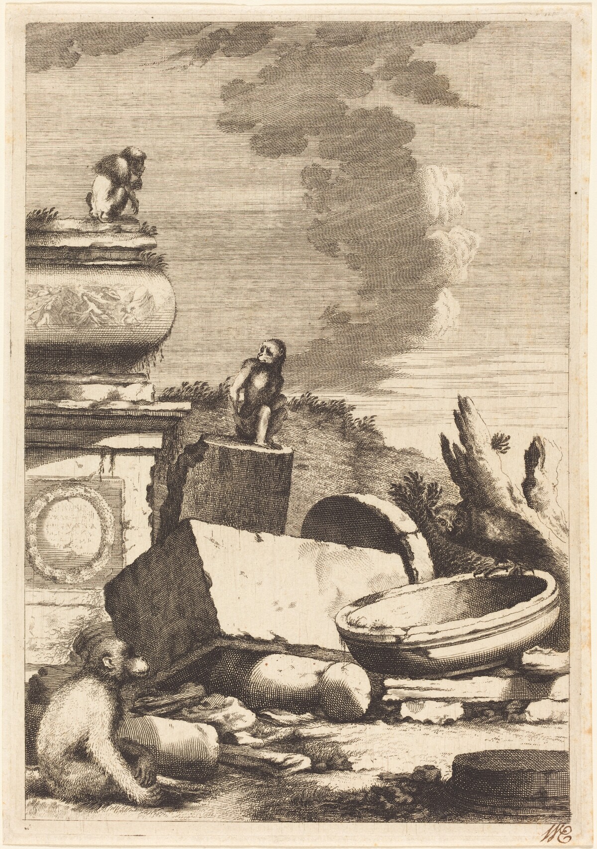 Ruins with Monkeys and an Owl by Bernhard Zaech after Jonas Umbach