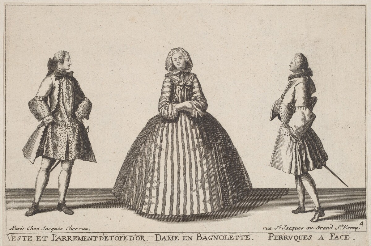 Veste et Parrement d'Etofe d'Or/Dame en Bagnolette/Perruques à Face by published by Jacques Chéreau