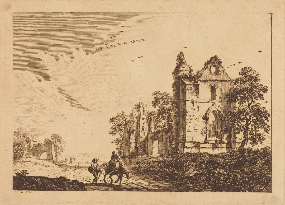 Ruined Abbey with Travelers on the Road by Paul Sandby