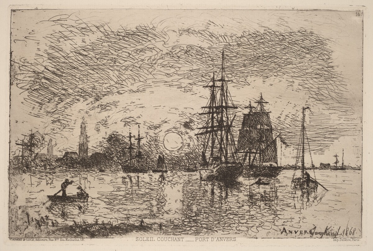 Setting Sun over Antwerp Harbor (Soleil couchant - port d'Anvers) by Johan Barthold Jongkind